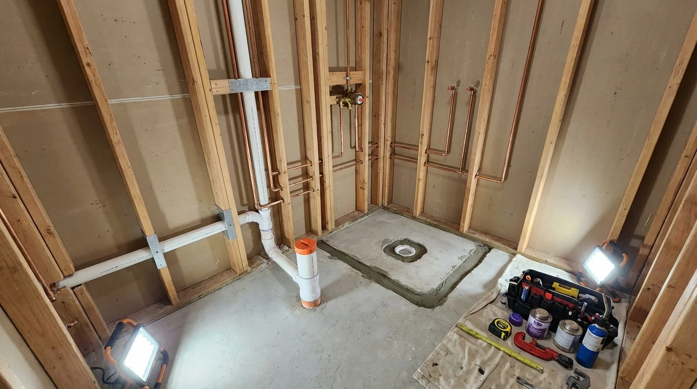 Bathroom rough-in plumbing during remodel by Johns Plumbing LLC in Allegany