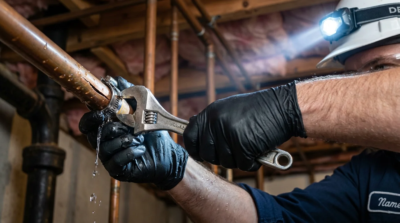 Emergency pipe clamp repair being performed by a Johns Plumbing LLC plumber in Allegany