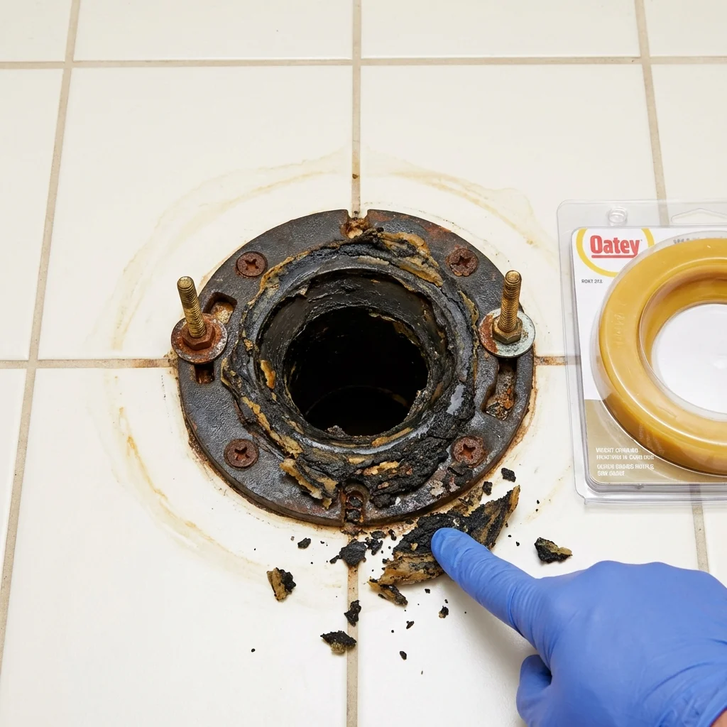 Failed wax ring showing water seepage at the base of a toilet in a Allegany, NY home