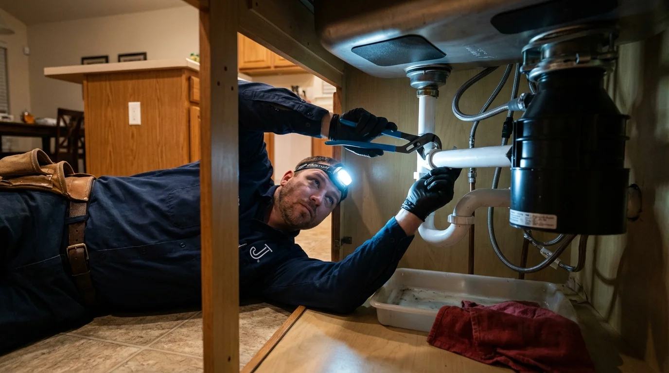 P-trap and supply line connections under a kitchen sink showing a common leak point in Allegany, NY